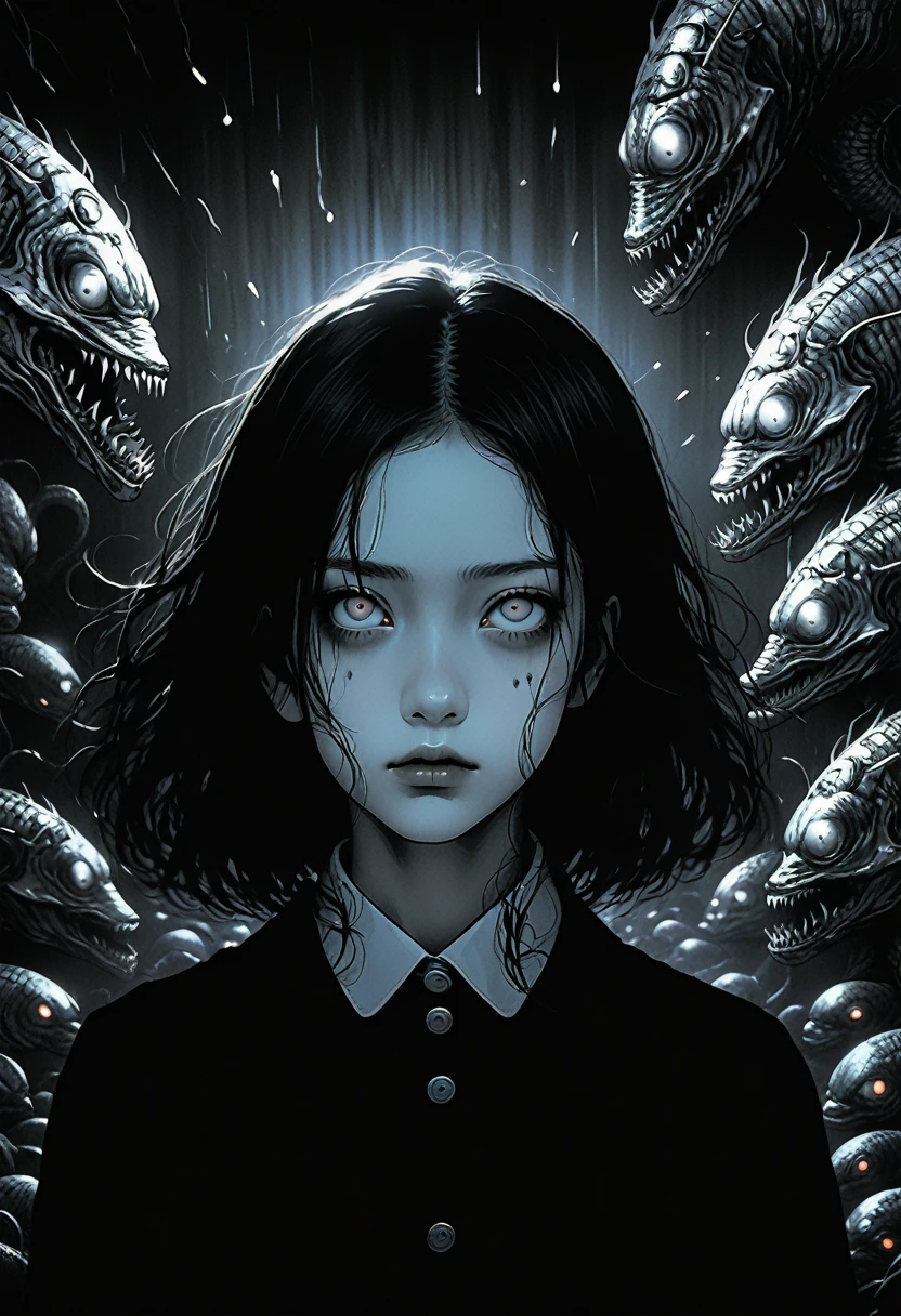 surreal horror, anime style, directed by Junji Ito, high contrast, vivid colors, eerie atmosphere, psychological tension, intricate line work, nightmarish creatures