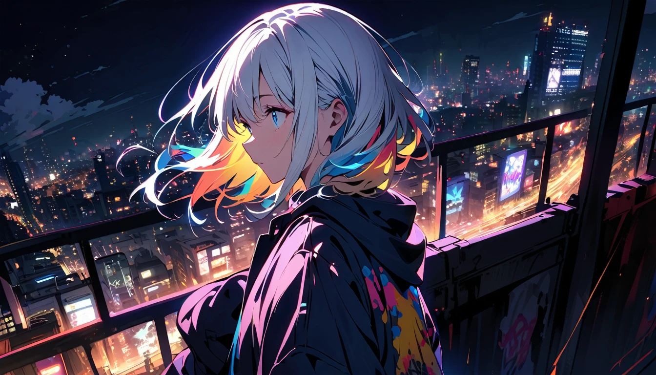 Handsome cute, Solitary, 1 female, Medium Length Hair, white hair, Rainbow hair, blue Eyes, in the night, looking away, Human focus, outdoor, White clouds, 
graffiti Popularity spray art wall panoramic, vibrant, cityscape, Tokyo night
