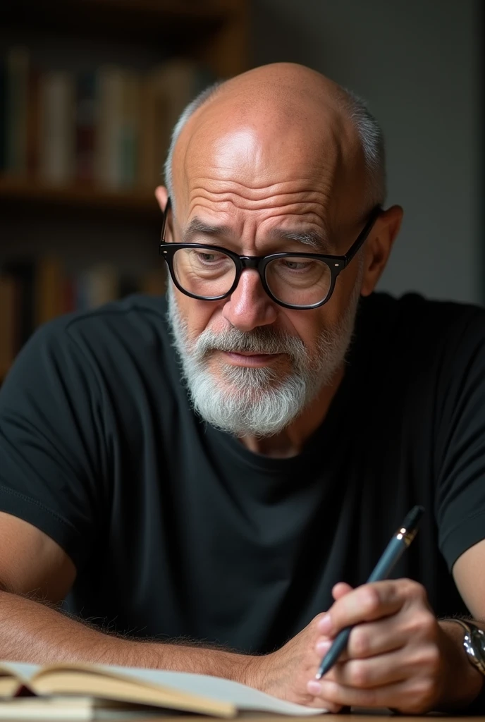 Caucasian man, totally bald, white beard aquiline nose round glasses dark lenses thin lips black t-shirt studying 