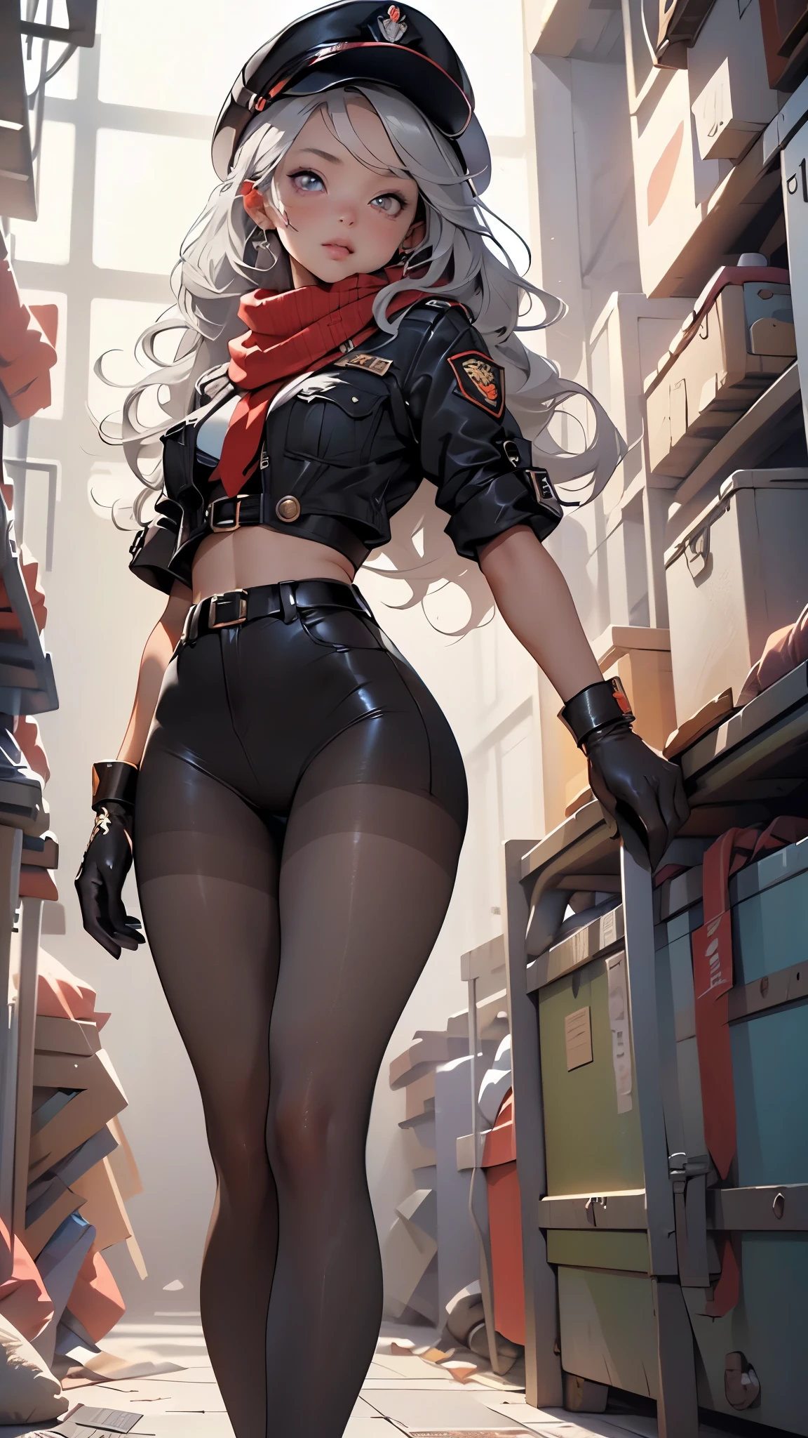 1girl,15 years old
(small breasts:1.4),((((long hair,gray hair, long hair)))),(((red_eyes:1.3))),intricate eyes,beautiful detailed eyes,symmetrical eyes,big eyes:1.5,((((lustrous skin:1.5,tanned skin,bright skin: 1.5,skin tanned,shiny skin,very shiny skin,shiny body,Reflective skin)))),(spider lower abdomen,narrow waist,wide hip,athletic body,inflated legs,thick thighs,(detailed face)),beautiful detailed lips,((short stature)),
cute,slutty,sensual,seductive look,seductive,((erotic)),((nsfw)),
((gloves, hat, two tales, pantyhose,black gloves,uniform, military,scarf)),
(flirtatious pose:1.3), looking at viewer,embarrassed,centered,scale to fit dimensions,Rule of thirds,
indoor((Nazi bunker,room, dark bunker, swastika,depths of a steampunk bunker)),scenery:1.25,((intricate scenery)),
(Glossy steampunk ornaments),highres,sharp focus,(ultra detailed,extremely detailed),(photorealistic artwork:1.37),(extremely detailed CG unity 8k wallpaper),(((vibrant colors,vibrant theme))),(intricate),(masterpiece),(best quality),artistic photography,(photography taken by sldr),(intricate background),perfect rendered face,perfect face details,realistic face,photo realistic,((intricate detail)),(((realism))),