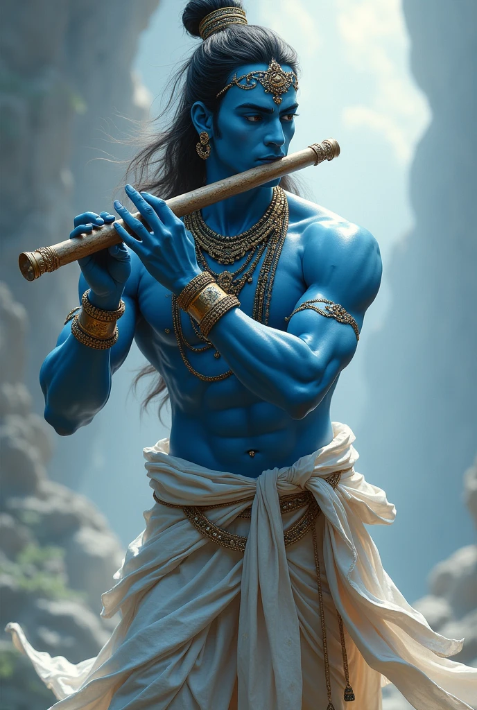 Create a image of a strong man with blue skin beautiful eyes, sweet smile and a beautiful nose, he has a flute in his hands wearing ornaments and dhoti he is very calm