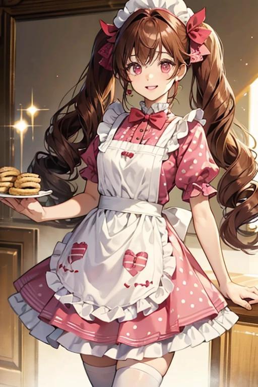 Coco Cookie is a light-skinned girl with bright pink eyes and scarlet lips. She has golden brown hair worn in drill twin-tails with straight cut bangs and short forelocks framing her face. She wears a white polka-dot chef hat with a brown ribbon and several cookies. Her outfit is composed of a brown frilly dress with pale cream sleeves and a cookie heart on the chest. An apron covered in cookie crumbs is also included, along with white tights and pink Mary-Janes. SPARKLE; GLITTER