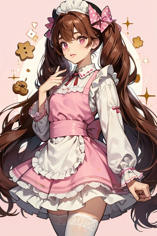 Coco Cookie is a light-skinned girl with bright pink eyes and scarlet lips. She has golden brown hair worn in drill twin-tails with straight cut bangs and short forelocks framing her face. She wears a white polka-dot chef hat with a brown ribbon and several cookies. Her outfit is composed of a brown frilly dress with pale cream sleeves and a cookie heart on the chest. An apron covered in cookie crumbs is also included, along with white tights and pink Mary-Janes. SPARKLE; GLITTER