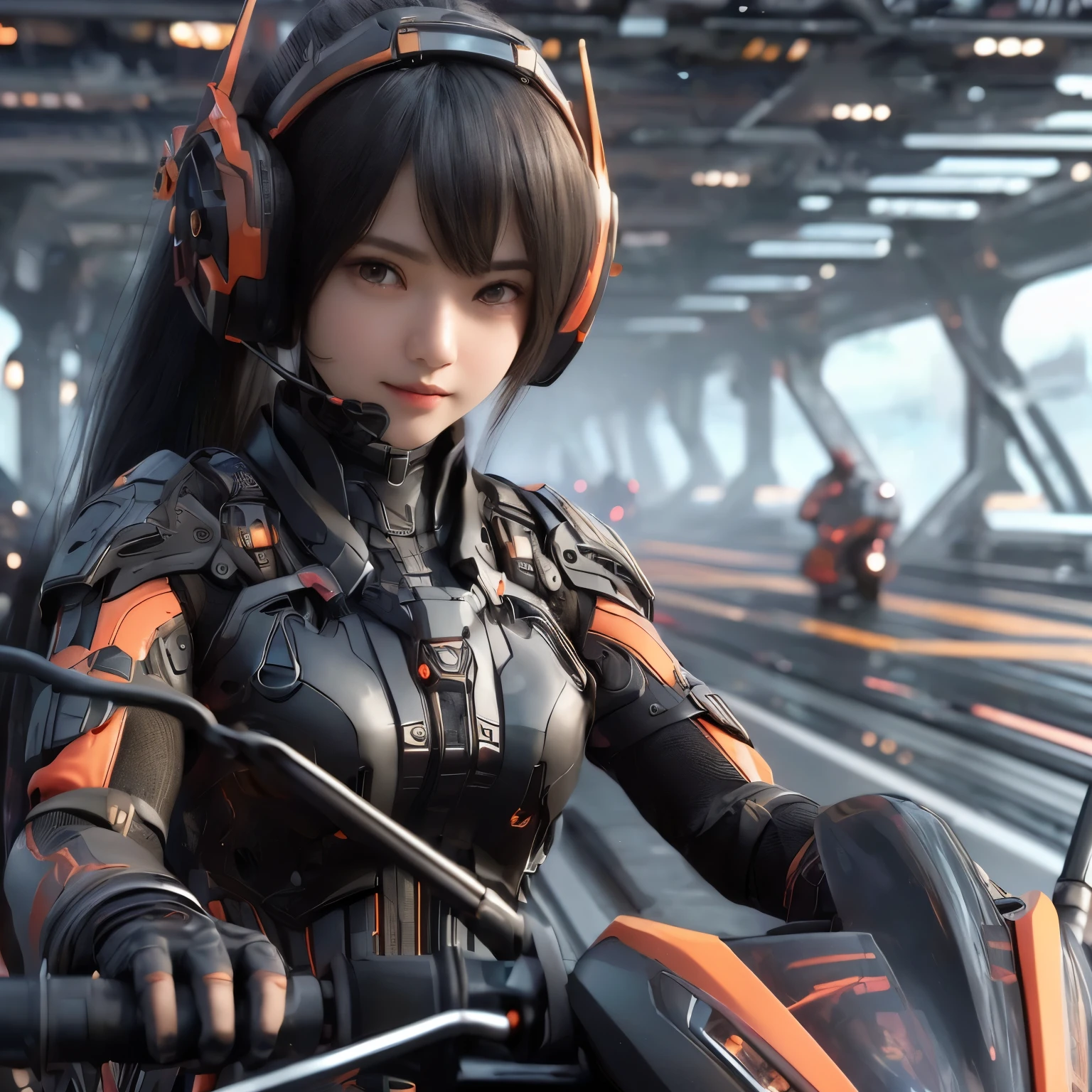 Top Quality, Masterpiece, Ultra High Resolution, (Photorealistic: 1.4), Raw Photo, 1 Girl, Black Hair, Glossy Skin, 1 Mechanical Girl, (((Ultra Realistic Details)), Portrait, Global Illumination, Shadows, Octane Rendering, 8K, Ultra Sharp, Intricate Ornaments Details, realistic skin, sweat effect, ((wearing Headphone)), very intricate detail, realistic light, CGSoation trend, brown eyes, glowing eyes, matte black and glossy orange mechanical bodysuit, Long hair, black hair, Ponytail hair, Half body shot, spaceship bridge background, dynamic pose, cute smile, close up, Open Mouth, facing audience