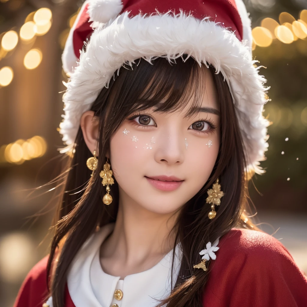 A japanese girl in santa claus costume, smile,beautiful detailed eyes, droppy eyes,beautiful detailed lips, extremely detailed face and hair, long eyelashes, intricate detailed fabric textures, santa hat, christmas lights, snowy winter background, (best quality,4k,8k,highres,masterpiece:1.5),ultra-detailed,(realistic,photorealistic,photo-realistic:2.0),vibrant colors,cinematic lighting,soft bokeh