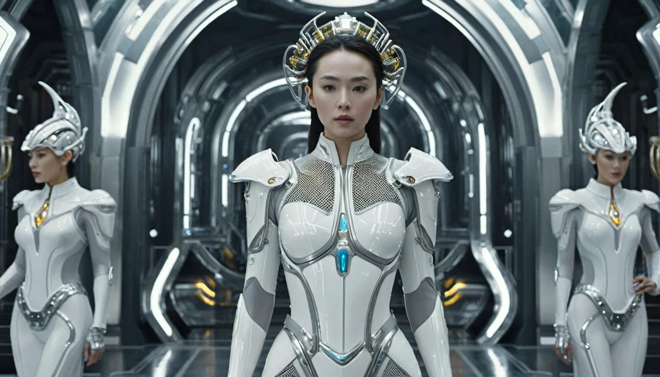 arafed woman in a futuristic suit standing in a room with many metal objects, still frame from prometheus, by Huang Ding, white russian clothes, rendering of beauty pageant, mesh headdress, machine elves, luxury advertisement, shoulders can be seen, cyber patterns, still frame from a movie --ar 16:9