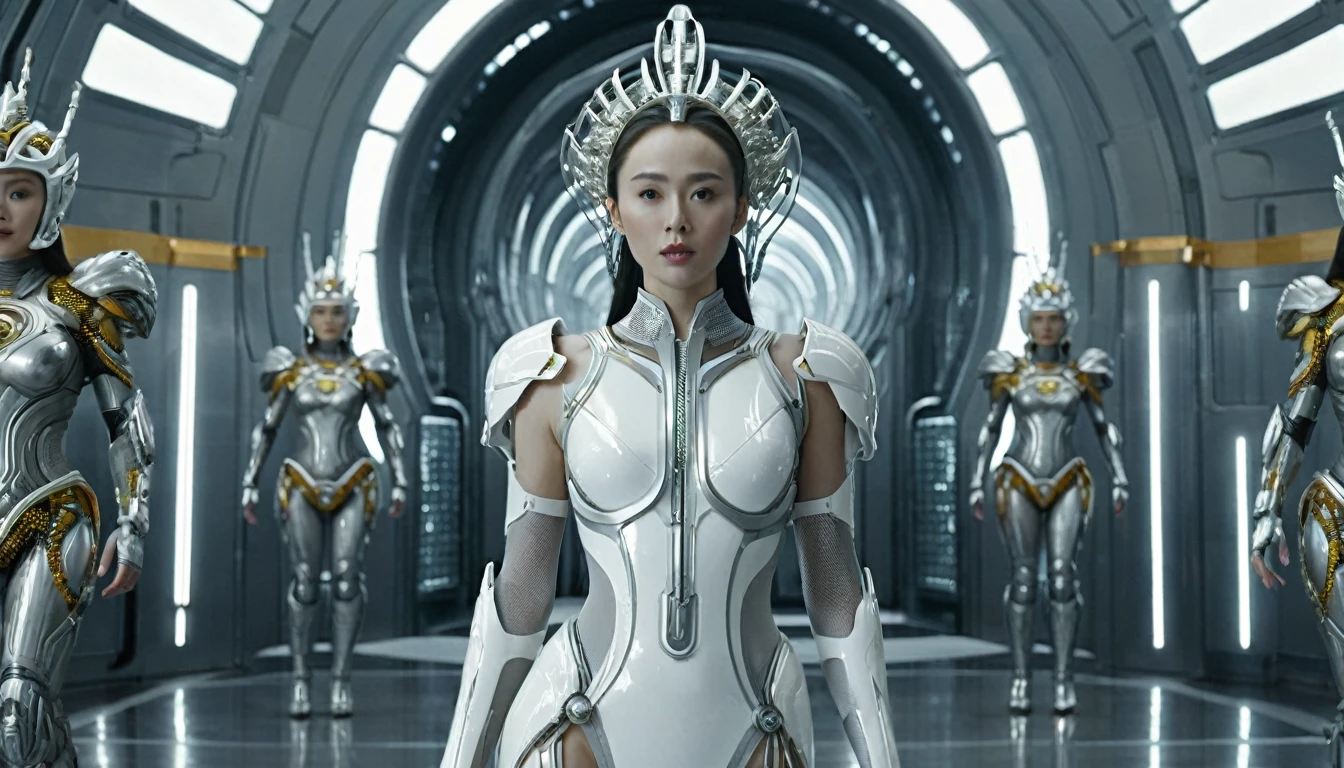 arafed woman in a futuristic suit standing in a room with many metal objects, still frame from prometheus, by Huang Ding, white russian clothes, rendering of beauty pageant, mesh headdress, machine elves, luxury advertisement, shoulders can be seen, cyber patterns, still frame from a movie --ar 16:9  