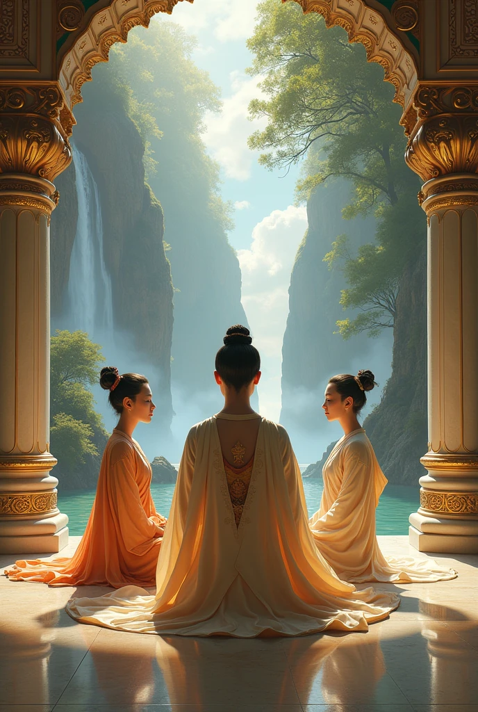 3 Asians standing sideways in astral temple background and nature meditating in beautiful meditation outfit