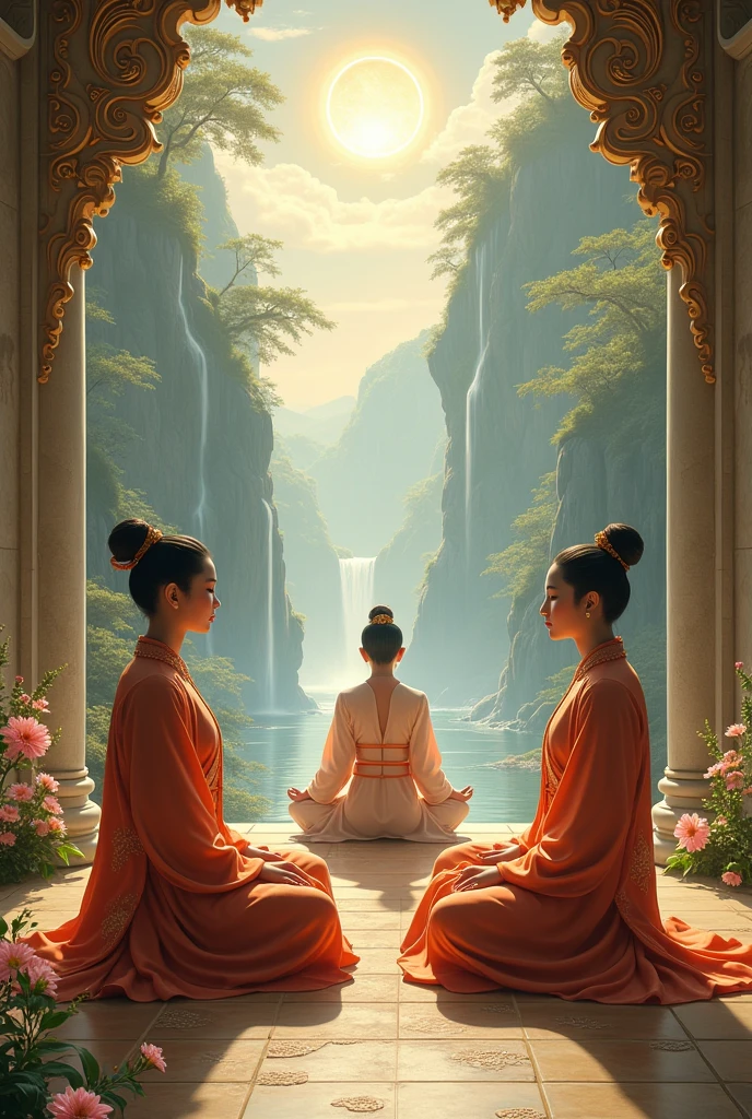 3 Asians standing sideways in astral temple background and nature meditating in beautiful meditation outfit