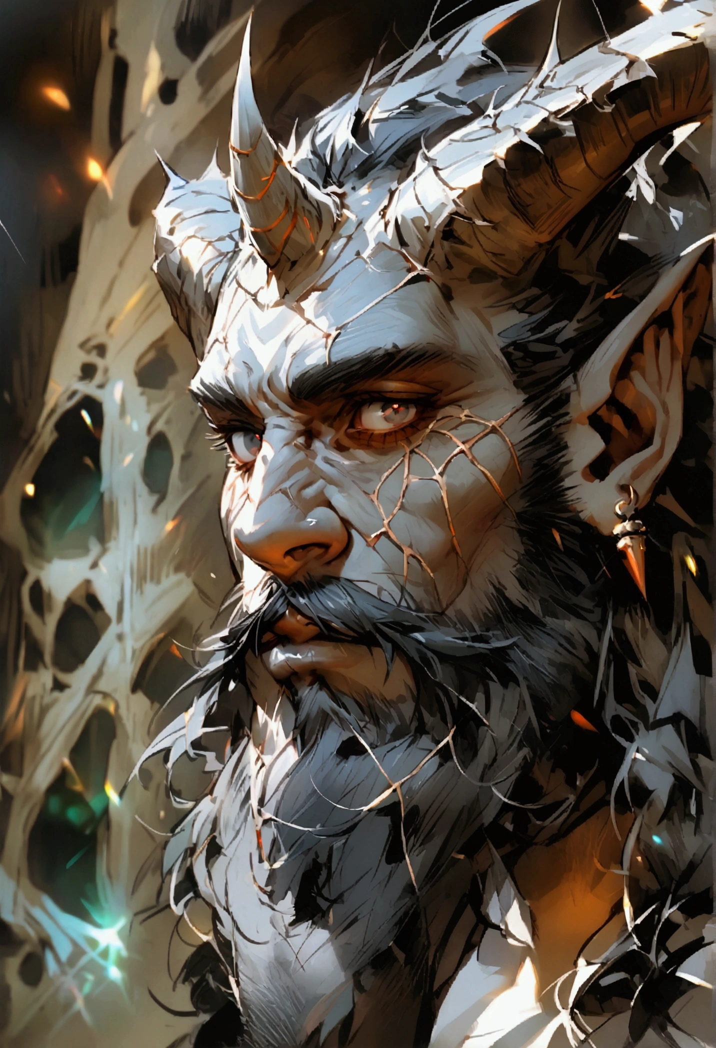 Male tiefling, ash gray skin, black eyes, black hair, tall, horns and tail, long scratch over right side of face and eye, big beard, portrait, sharp focus, demonic features, bulky
