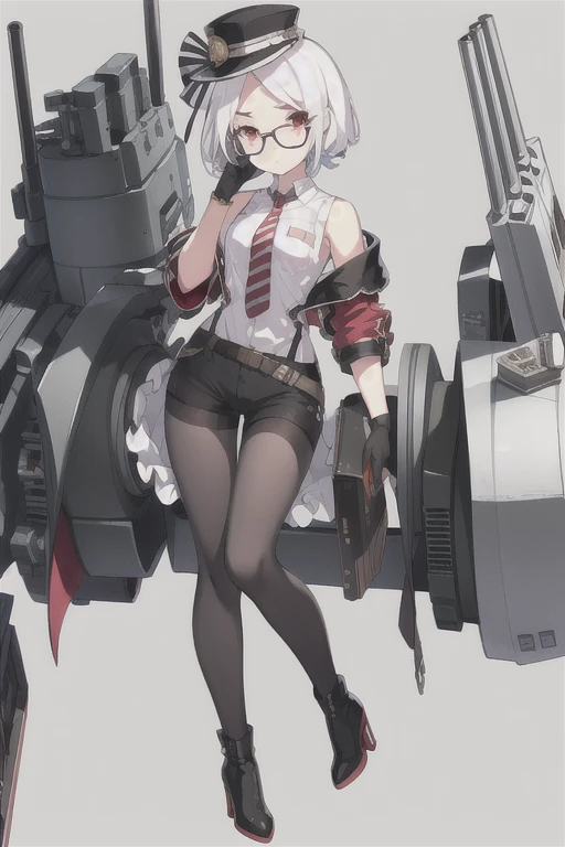 Vittorio_Veneto \(warship girls r\),((masterpiece)),(((best quality))),((ultra-detailed)),((illustration)),((disheveled hair)),((frills)),(1 girl),(solo),1girl,adjusting eyewear,bangs,bare shoulders,black footwear,black gloves,black legwear,black shorts,book stack,boots,bucket,cannon,character name,closed mouth,collared shirt,cup,eyebrows visible through hair,full body,glasses,gloves,gradient,hand up,high heel boots,high heels,looking at viewer,machinery,mecha musume,mug,necktie,off shoulder,pantyhose,parted bangs,red eyes,rigging,shirt,short hair,shorts,smoke,smokestack,solo,standing,striped,striped necktie,suitcase,sunglasses,turret,white hair,white shirt,