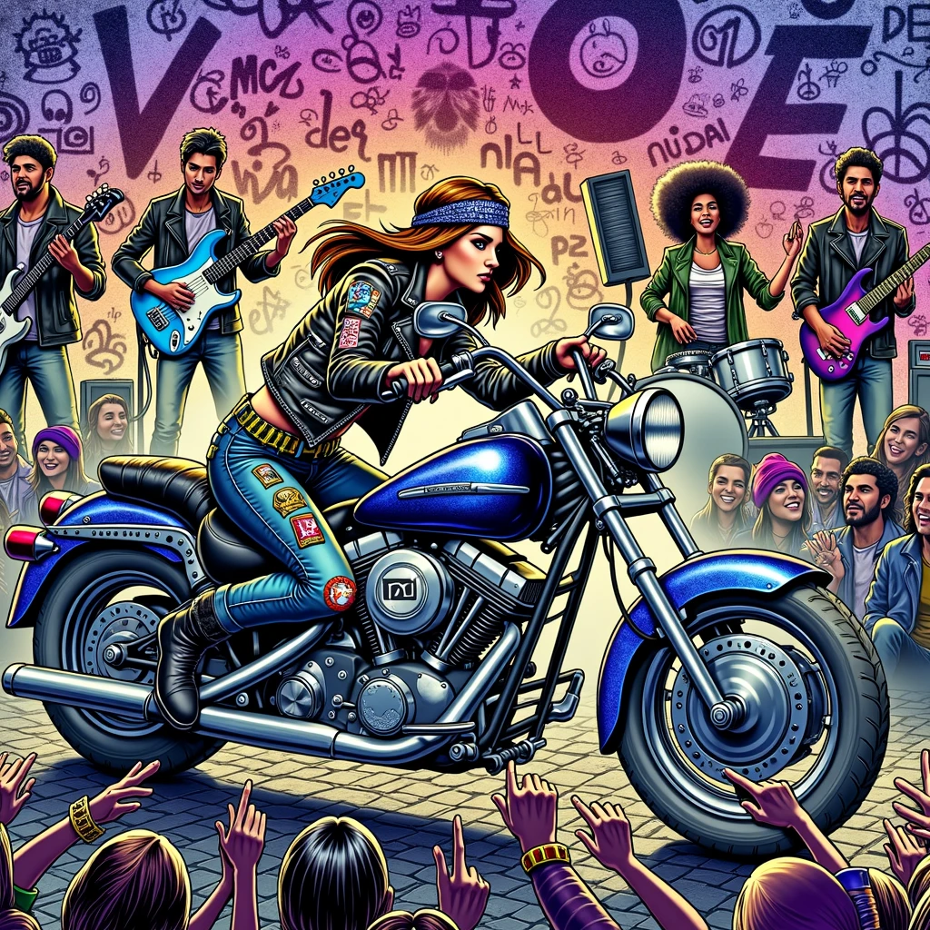 Visualize a dynamic scene symbolizing a rebellious lifestyle. There are several elements to include: an indigo motorcycle revving its engine, its female Caucasian rider with a black leather jacket covered in patches and long brown hair flowing in the wind. To her side, a punk rock band performing live with a Hispanic male playing an electric guitar, a Black female drummer, and a South Asian male as the vocalist. In the background, graffiti filled walls with depictions of peace and symbols, and a crowd of mixed descent gathered around, cheering and enjoying the rebellion.