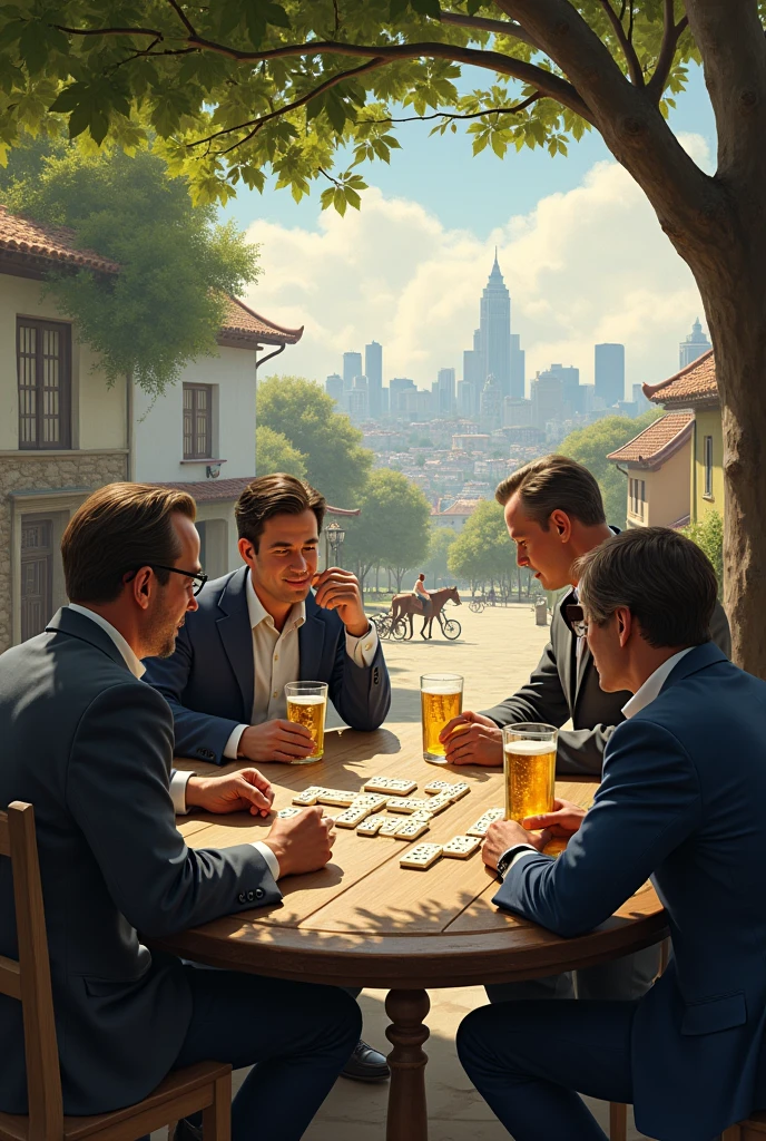 Make an image of some gentlemen playing dominoes in a village under a tree drinking beer and in the background you can see the city, that some horses and some bicycles can be seen, t