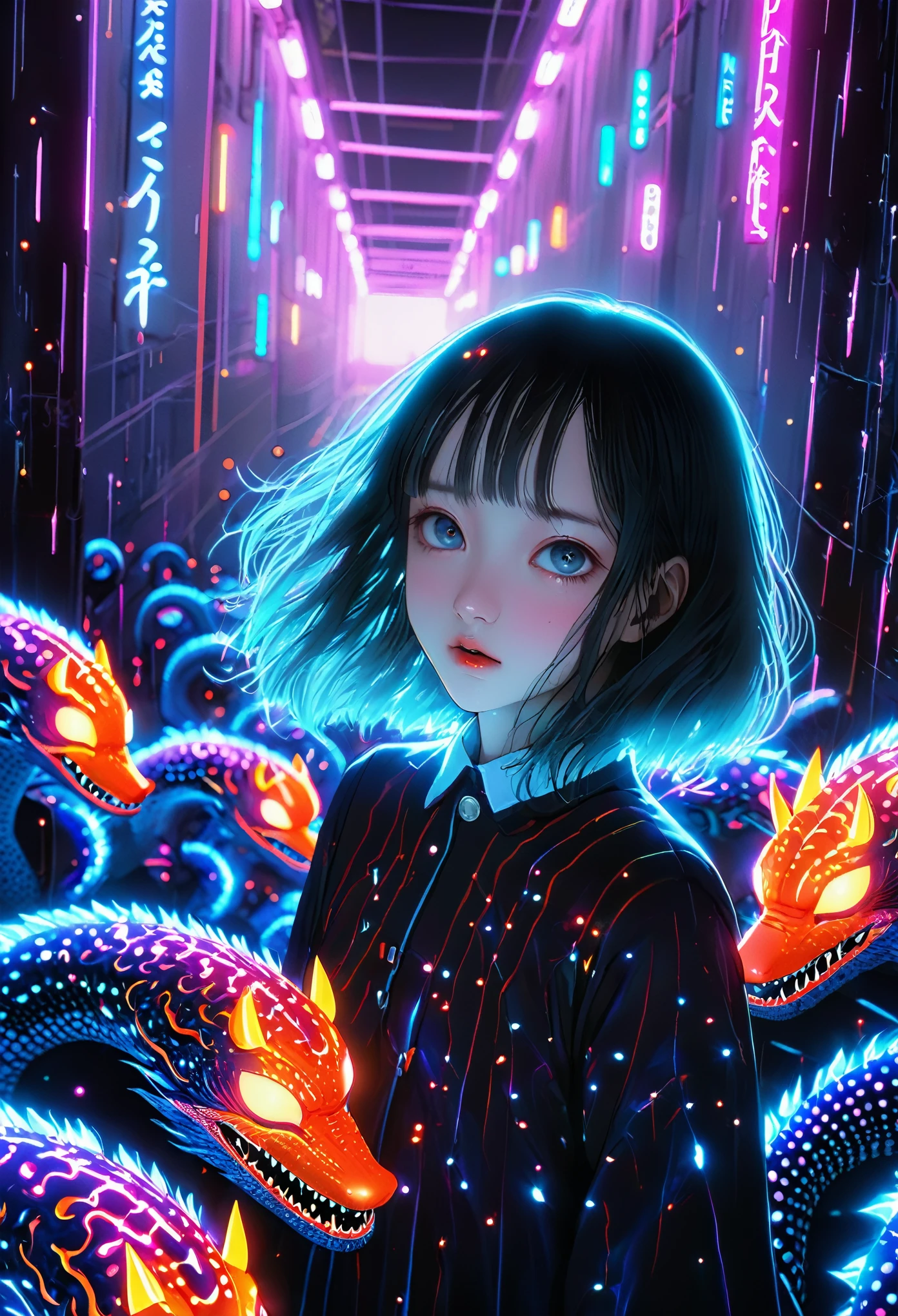 surreal horror, anime style, directed by Junji Ito, high contrast, vivid colors, eerie atmosphere, psychological tension, intricate line work, nightmarish creatures