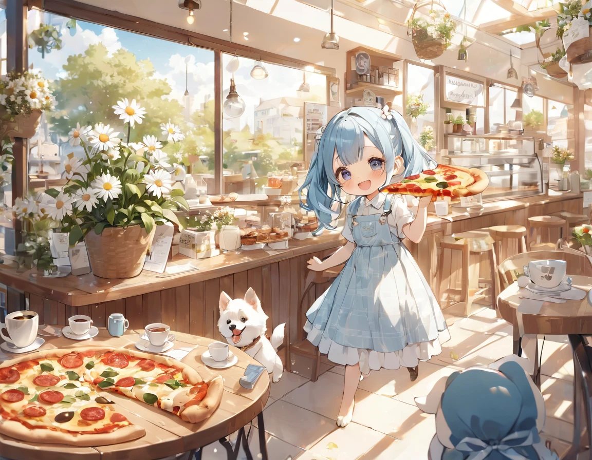 Light blue long hair、Cute chibi character with twin tails、Eating a big pizza、A deliciously beautiful smile、A bright cafe with lots of sunlight、A lot of white daisies are displayed、My dog is with me
