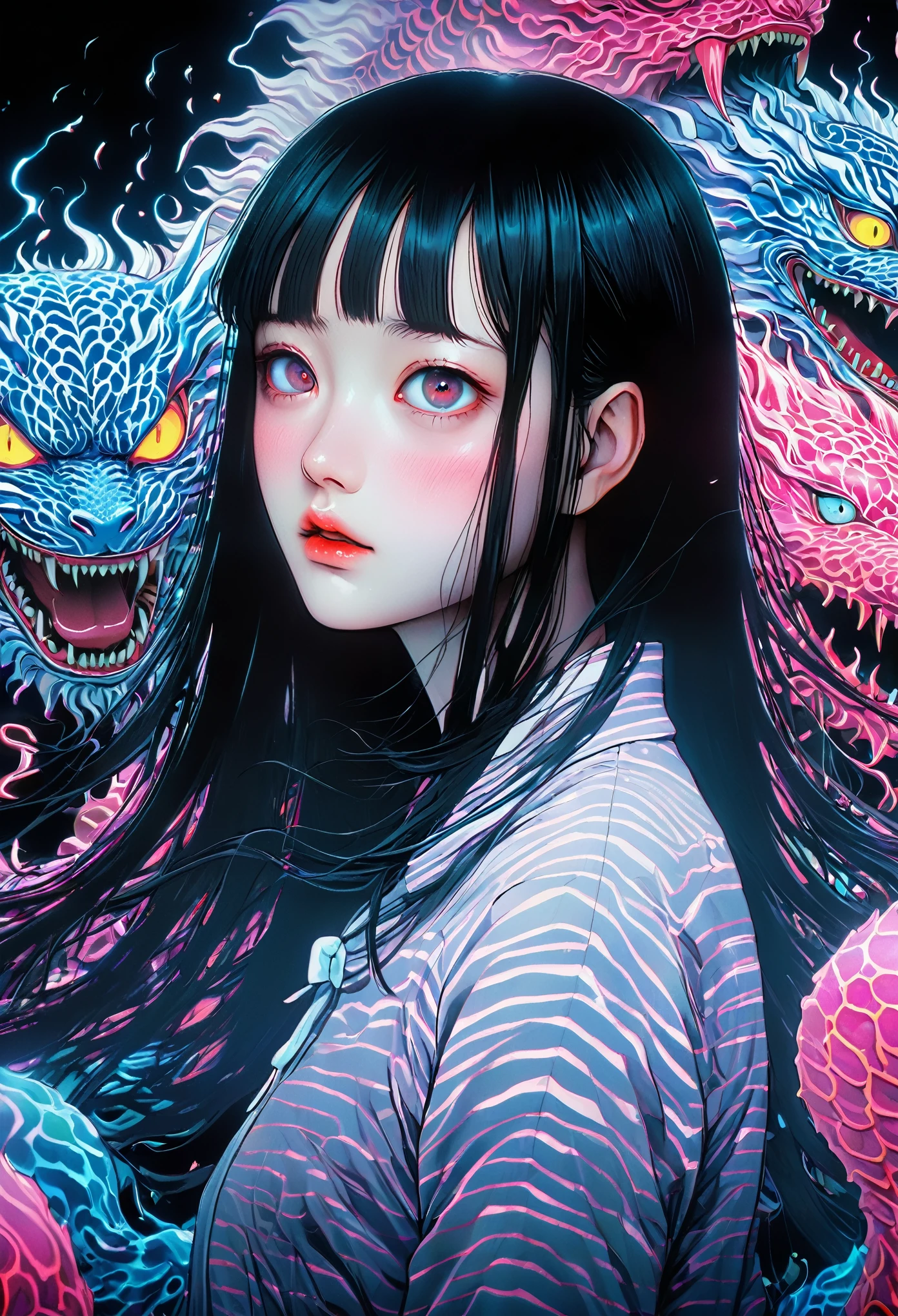 surreal horror, anime style, directed by Junji Ito, high contrast, vivid colors, eerie atmosphere, psychological tension, intricate line work, nightmarish creatures