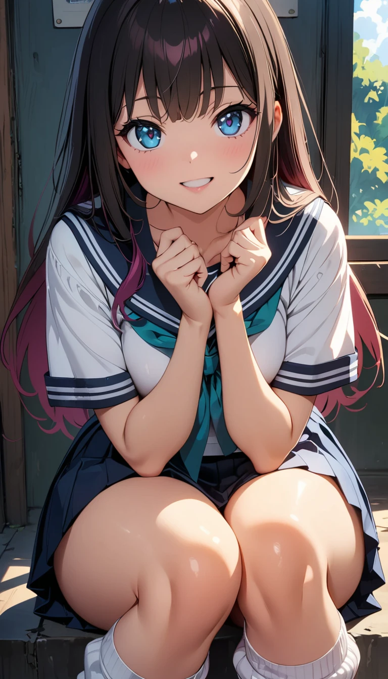 (Highest quality:1.2, 4K, 8k, Studio Anime, Very detailed, up to date, Vibrant, Attention to detail, High Contrast, masterpiece:1.2, Highest quality, Best aesthetics), (((1 person))), Sit and pose, JK, Sailor suit, Pleated skirt, loose socks, loafers, Open your mouth a little:1.2, smile, Dynamic Angle, look up:1.3, Friendly atmosphere, Beautiful Hair, Shiny Hair, Beautiful Skin, Detailed face and eyes, Glossy Lips, Curvy Women, Striking contrast,