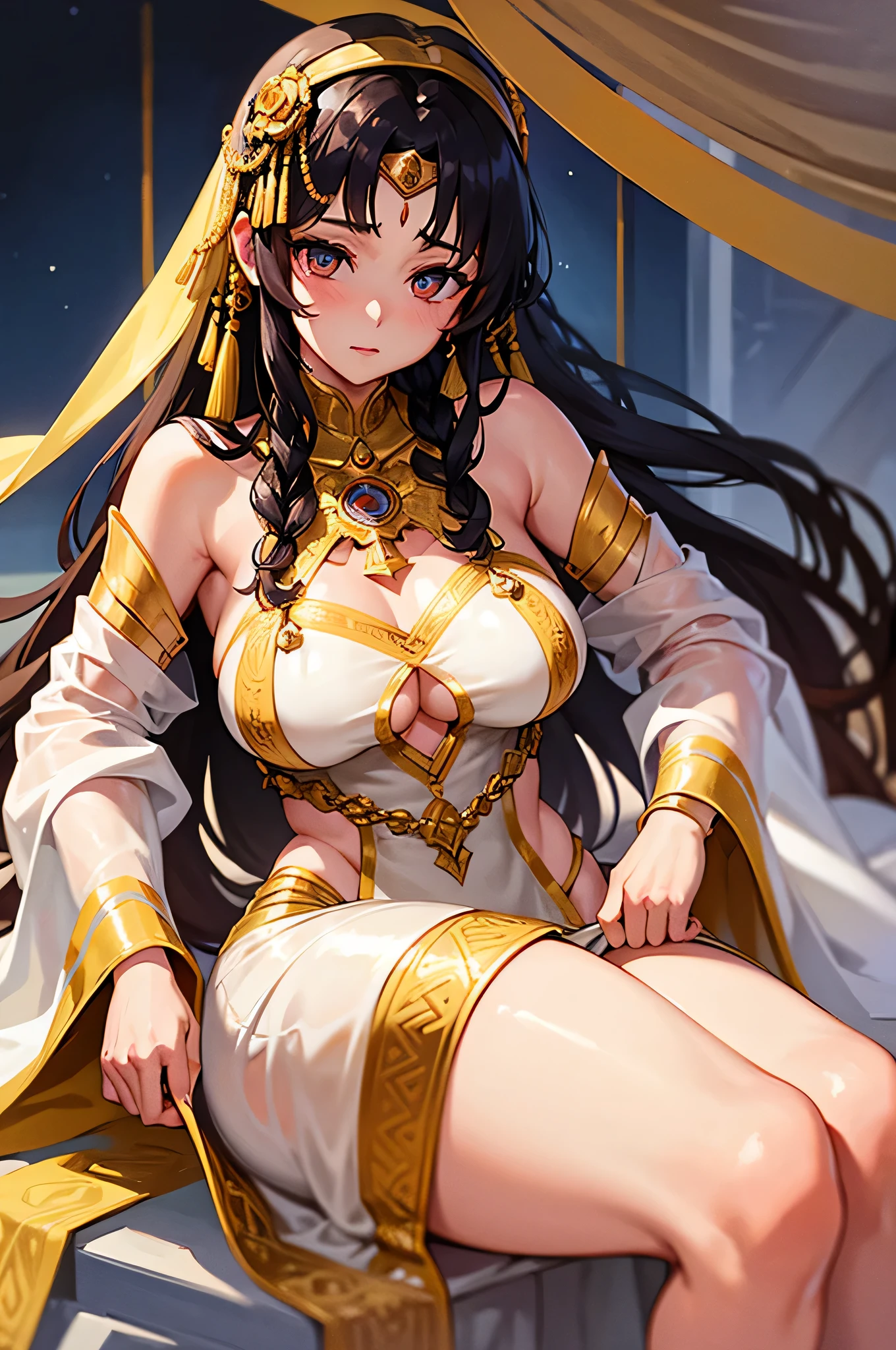 all intricate details, Sexy angle, 3 girls view. Nefertari: It has an elegant and regal appearance. Her long, dark hair is braided with golden beads and adorned with ostrich feathers.. He wears a white linen tunic with gold embroidery and a royal blue linen cape.. Phenotype: His almond-shaped eyes are an intense amber color., and his skin is a warm tone, like desert sand, she is brave and strategic. Like a general's daughter, She is committed to protecting her kingdom. isis: It has a mysterious and ethereal appearance. Her snow-white hair flows down her back, and wears a long dress with magical symbols embroidered in gold thread. Phenotype: His skin is pale, almost translucent, and his eyes are a deep blue, like the night sky, She is a calm and thoughtful girl.. as a sorceress, She masters healing magic and is protective of those around her.. Sometimes, his gaze seems to traverse time and space. Amara: Has an adventurous look, Her brown hair is pulled back into a messy ponytail., and wears a silk scarf to protect herself from the desert sun. Phenotype: His green eyes shine with curiosity, and his skin is tanned by the sun, She is curious and brave, as an archaeologist, is fascinated by ancient secrets and forgotten tombs Sekhmet: She is an imposing girl with a perfect and fierce body.. Her flame-red hair is braided with gold beads and adorned with lapis lazuli jewelry.. Phenotype: Her golden eyes seem to reflect the inner fire of her warrior spirit but she is passionate and temperamental so she likes to walk showing her body as much as possible to the point of being naked.. As leader of the rebels, fight oppression with ferocity, She is also a professional seductive girl