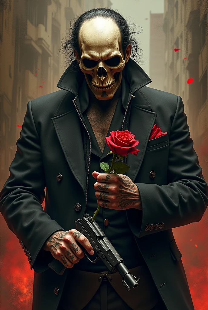 Skull with gun and rose cholo thug drug dealer elegant gentleman evil psychopath power ambition lost soul madness conquest dominion king maniac violent man diabolical darkness hell chaos destruction