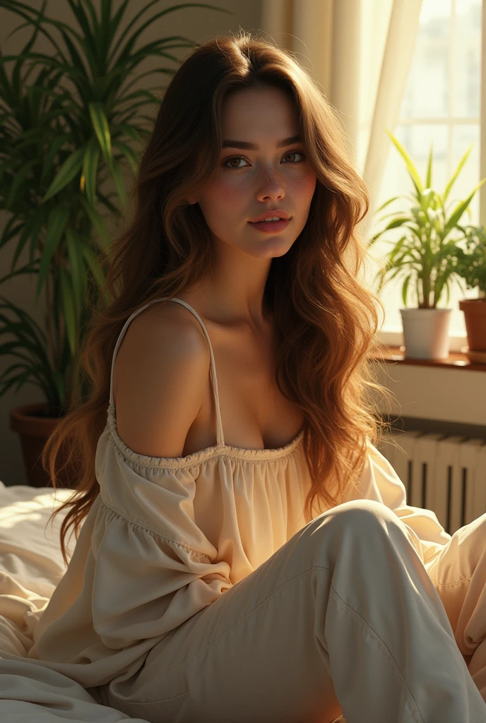 (photorealism:1.2), beautiful woman, sitting on bed, wearing loose off-shoulder top, pajama pants, long curly hair, indoors, soft lighting, plants in background, window with sunlight, cozy room, relaxed pose, realistic, intricate details, warm colors, by Greg Rutkowski, by Alphonse Mucha