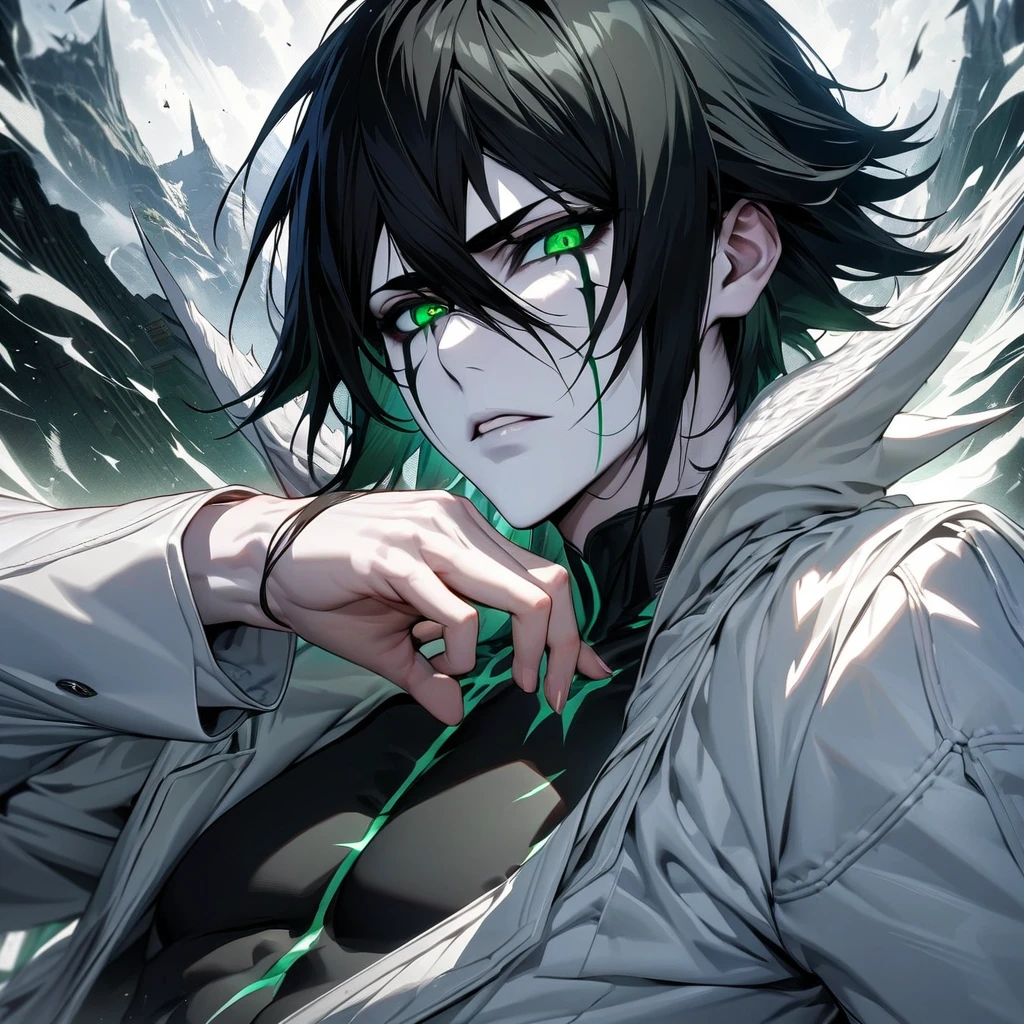 absurdres, highres, ultra detailed, HDR, masterpiece, extremely detailed face and eyes, perfect face, Ulquiorra Cifer, black hair, hair between the eyes, expressive green eyes, pale skin, Bleach, solo, sexy man, handsome, white coat, tight black shirt, patterns