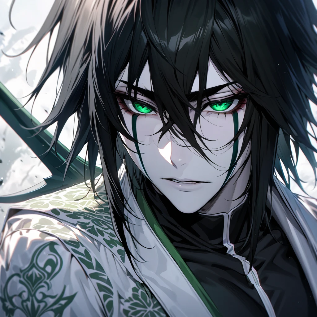 absurdres, highres, ultra detailed, HDR, masterpiece, extremely detailed face and eyes, perfect face, Ulquiorra Cifer, black hair, hair between the eyes, expressive green eyes, pale skin, Bleach, solo, sexy man, handsome, white coat, tight black shirt, patterns