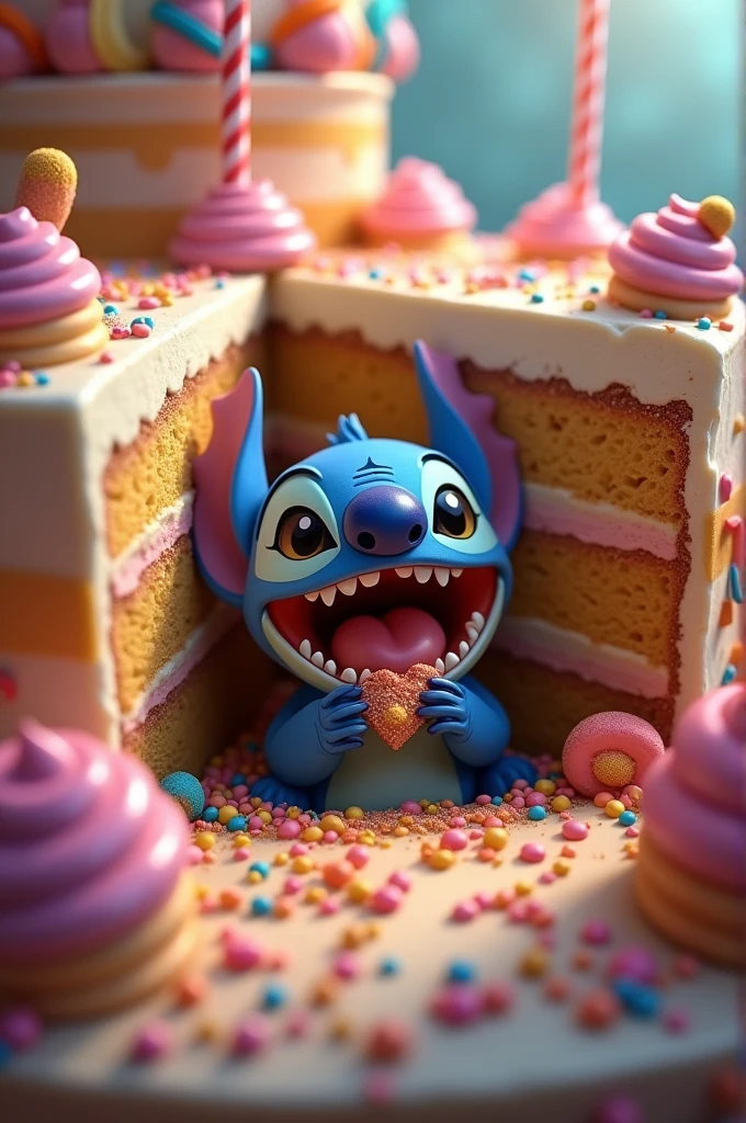 Stitch eating a cake, in a cake
