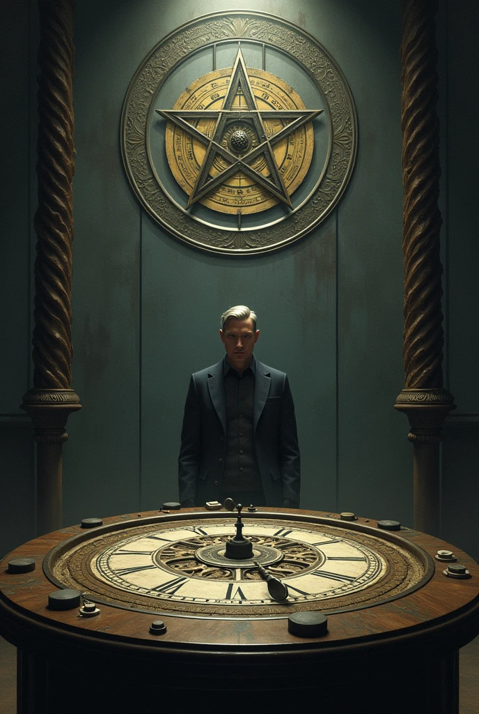 Create a time-themed room art, with a clock in the middle of the image and around the clock several circles in the shape of octagrams, and a man in the background with his hand facing his face with his index finger and thumb connected forming a circle