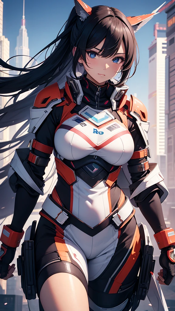 Highest quality 8K Japanese Beautiful Girl Fantastic World Futuristic costume Fantastic Background Long shot whole body Fantastic Building Fighting stance Sweat gushing forth