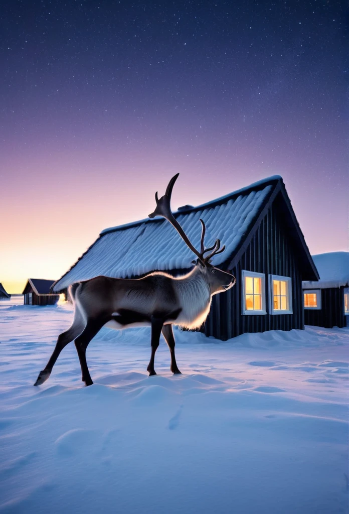 8K quality, ultra-high definition reality, Arctic Lapland, reindeer, indigenous Sami people and their reindeer, traditional costumes, winter, the winter solstice is approaching, short daylight hours, pure white ground, wooden houses, the reindeer's white breath, dark indigo sky, stars are visible, a scene just before Christmas, warm light leaking from the windows of the houses.