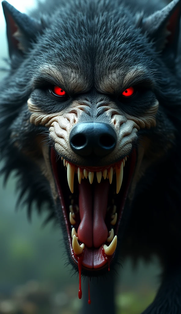 Create a werewolf&#39;s face very close to the screen, I want him with bright red eyes, black fur and teeth full of blood. 