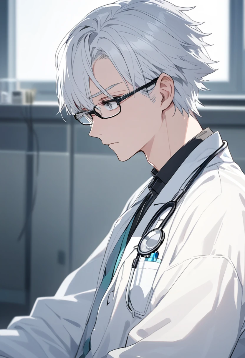 brother, alone, Glasses, Grey Eyes, White Hair, Doctor&#39;s uniform, Black gloves, whole body, Smiling face