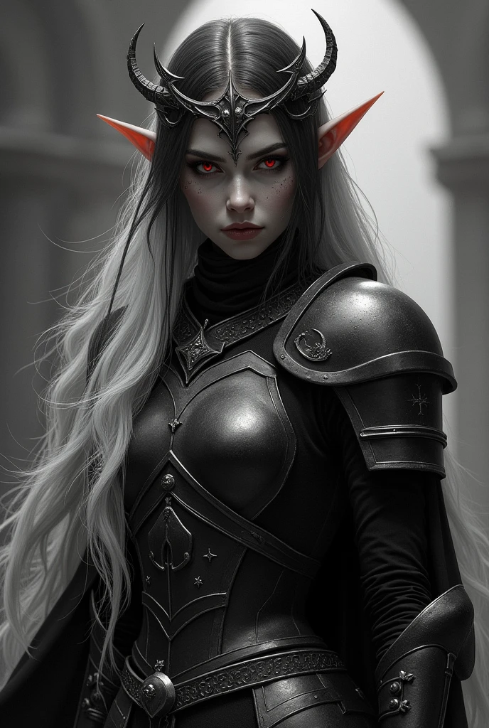 In black and white create a woman wearing medieval armor all over her body. Your hair is long, on top they are black and the tips are white. She has pointy ears and red eyes.. She has a crown of stars on her head and a small, discreet tattoo of a half moon.
