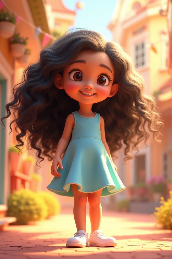 Create a 3D poster in the style of Disney PIXAR. 5 year old girl, long black curly hair, brown eyes and smiles. dress of light blue color, white shoe, (all this in the style Disney PIXAR 3D, cartoon style, POP market, soft lighting, soft lines, spring tilt, detailed illustrations of PIXAR 3D, hyper-realistic details, warm colors in the style Disney PIXAR 3D). several poses facial expressions.