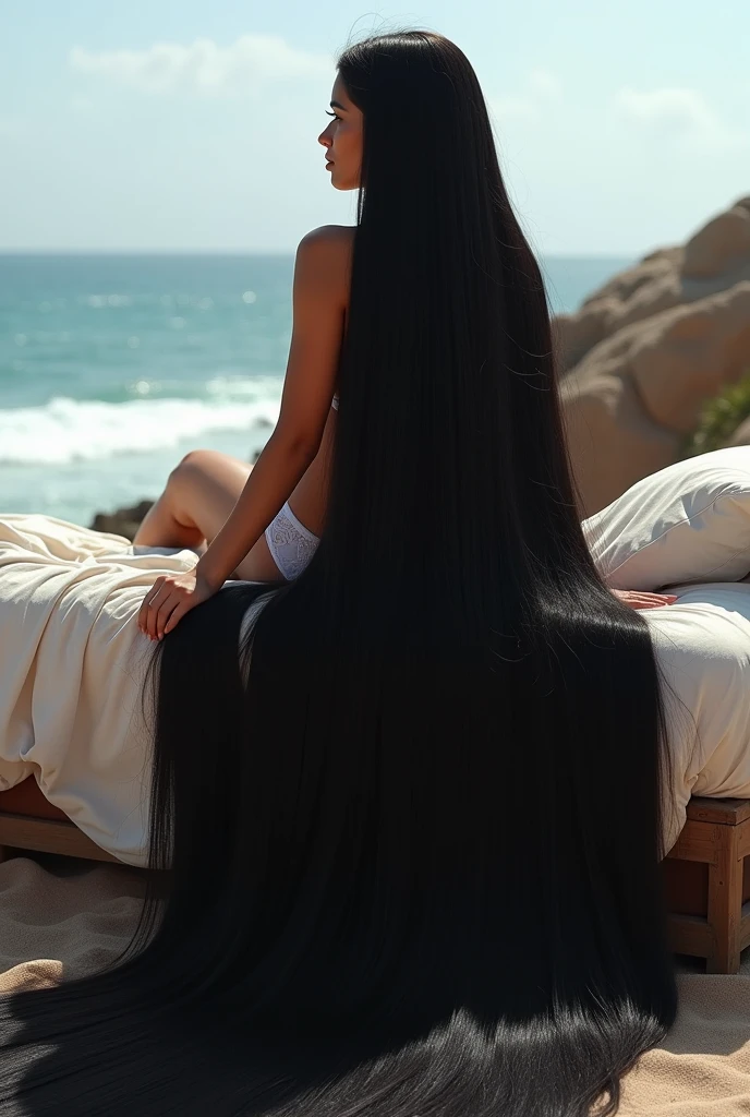 Super Long Hair Contest Winner、Full body photo、Head to toe photos、Taken from about 4 meters away、ultra-realistic、The longest black hair in the world、Hair longer than Rapunzel、She has very long black hair that covers her entire body...、I&#39;s hair isバラの香りがして、My very long black hair makes me look sexy.、My charm is my long black hair、Long black hair is a symbol of beauty、、This long hair length and volume is admired around the world.、Her very long black hair is fanned out、Smooth black hair that flows from shoulders to floor、I have a lot of hair, black hair about to overflow from the screen、,Full body photo,超Super long hair、、White underwear or naked、Cover the whole body with straight hair、Very beautiful face、beautifully styled black hair、Very large amounts of hair、Super long hair that accentuates femininity&#39;sexly、Slim figure、Beautiful and shiny hair、Bright lighting、Professional Lighting、Full body photo、My hair is reaching the floor and dragging、Full of black hair、She is leaning on the bed, Show off your long hair.、The bed is full of hair、Long black hair covers the whole body、Super long hair、Best image quality、highest quality、Highest Resolution、Ultra-realistic photos、Full body photo、1 girl、Very beautiful face、 Real Photo、Live-action,((large breast:1.6)), (((diamond shape body)), (((open legs))) ,beach ,in top of rock
