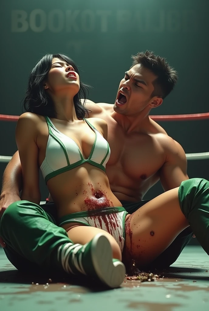 (8k, Realistic, RAW Photos, Highest quality: 1.4),A female wrestler is attacked by a large male wrestler in a professional wrestling ring。The female wrestler is a beautiful, slim Japanese woman aged 24.。Shiny very short hair。Her figure-hugging white and green outfit accentuates her large breasts.。She sits with her legs spread wide and cannot bear the pain, looking up to the sky and screaming.。The costume was torn to shreds by the violent attack.。
A male wrestler stomps a female wrestler's stomach with his big foot。
Female wrestlers are caught between extreme pain and pleasure。Her nipples are so erect that you can see their shape under her costume.、Love juice flows from the crotch that was trampled。