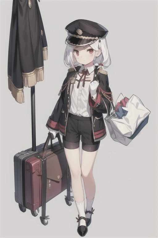 Vittorio_Veneto \(warship girls r\),((masterpiece)),(((best quality))),((ultra-detailed)),((illustration)),((disheveled hair)),((frills)),(1 girl),(solo),1girl,aiguillette,bag,bag charm,bangs,bike shorts,black bag,black footwear,black headwear,black jacket,black shorts,blush,briefcase,cape,charm \(object\),closed mouth,collared shirt,duffel bag,eyebrows visible through hair,full body,gloves,gradient,hair ornament,handbag,hat,holding,holding bag,iron cross,jacket,jacket on shoulders,keychain,short hair,long sleeves,looking at viewer,low ponytail,low twintails,luggage,messenger bag,military,military hat,military uniform,mole,mole under eye,parted lips,peaked cap,pouch,randoseru,red eyes,red ribbon,ribbon,satchel,school bag,shirt,shoes,shopping bag,short shorts,shorts,shoulder bag,sleeves past fingers,sleeves past wrists,socks,solo,standing,suitcase,twintails,uniform,white hair,white legwear,white shirt,wide sleeves,younger,