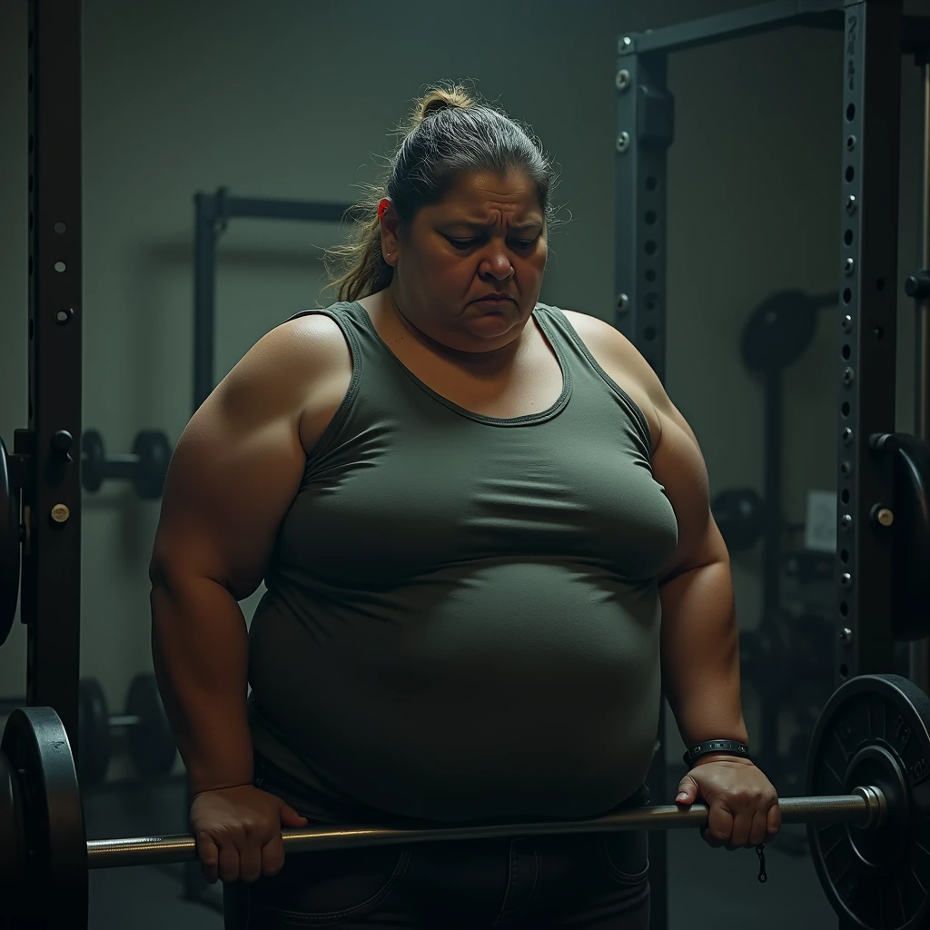 create an image of an obese woman sad about being at the gym working out and lifting weights