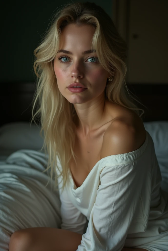 (((ultra realistic))) Photo, masterpiece, top quality, (pale skin), (Ultra detailed face and eyes:1.3), 27 years old woman, ((extemely pale skin)) , naked pink nipples, (detailed nipples), (subtle Eye makeup, mascara), ((sensual and thin lips)), ((blonde elegant medium hair)), ((elegant Stylish hairstyle)) , ((deep blue eyes)), small rounded feminine chin, (Natural medium breasts). ((Posing)), photoshoot, (Soft) Lighting, (The play of light and shadows in a dark room), depth of field, bokeh, (special attention to skin detail: 1.2), Detailed leather texture, skin pores. (Warm atmosphere of the frame. color scheme - black, Red, green tones), UDR, ((Film grain)), (moon rays), ((open full body view, extremely detailed)) , ultra detailed, shy sexy woman, (((translucent gaze t-shirt))), woman sitting in bed, woman in white lingerie underware (cozy night bedroom), ((slim long legs and beautiful rear)), woman lying over bed expossing her sensual legs and hips