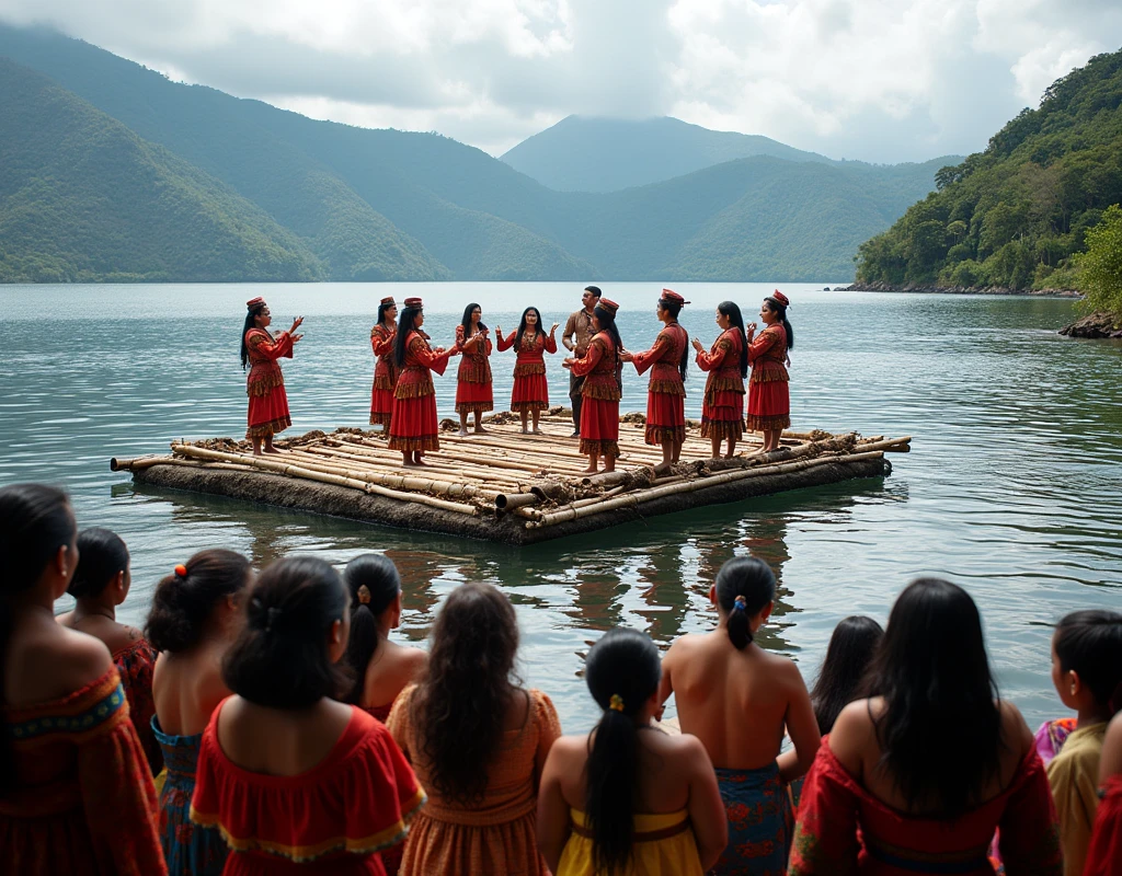 Photo d une chorale traditionnelle Maya sur une plateforme de bambou flottante sur le lac atitlan. En premier plan le public en habit Maya qui regarde a terre 