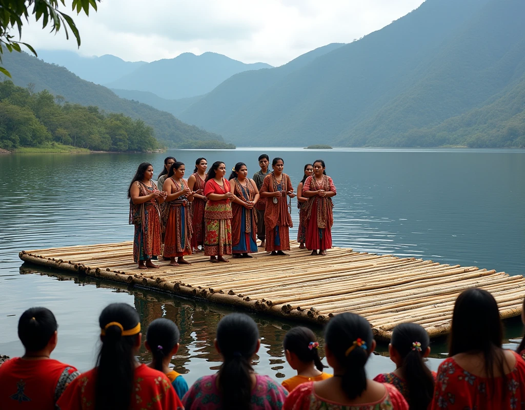 Photo d une chorale traditionnelle Maya sur une plateforme de bambou flottante sur le lac atitlan. En premier plan le public en habit Maya qui regarde a terre