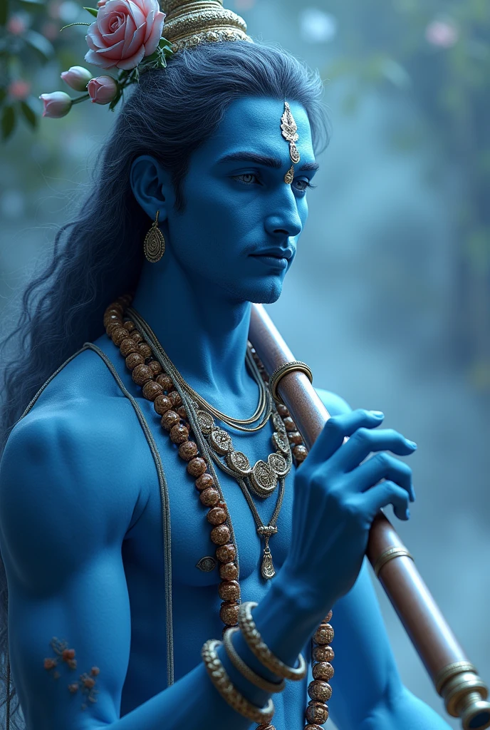 Create a image of a strong man with blue skin beautiful eyes, sweet smile and a beautiful nose, he has a flute in his hands wearing ornaments and dhoti he is very calm he wear Tilak on his forehead