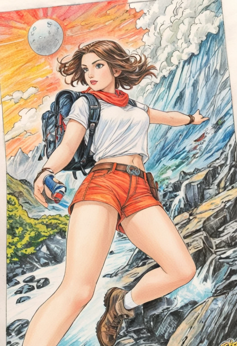  female，adventure，white，Art，ad，colour pencil drawing，draft drawing ，comic collage