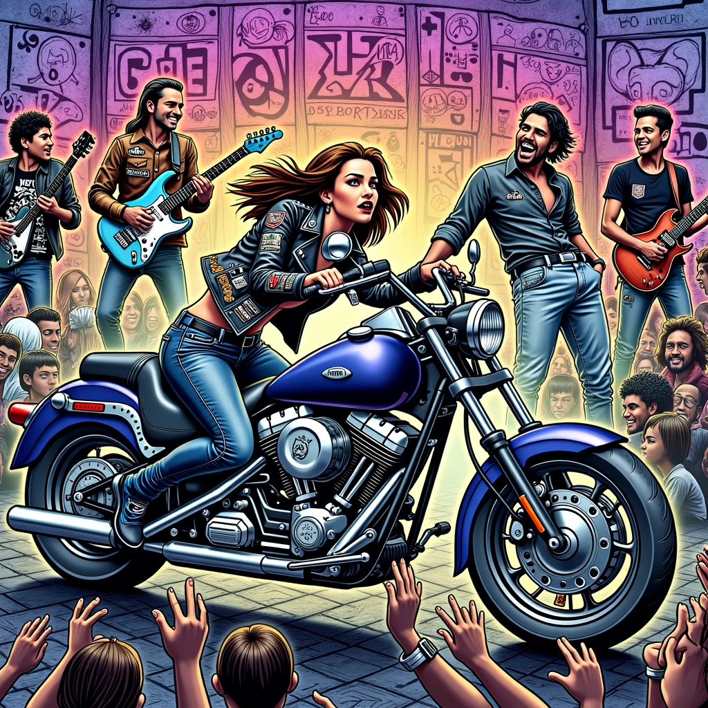Visualize a dynamic scene symbolizing a rebellious lifestyle. There are several elements to include: an indigo motorcycle revving its engine, its female Caucasian rider with a black leather jacket covered in patches and long brown hair flowing in the wind. To her side, a punk rock band performing live with a Hispanic male playing an electric guitar, a Black female drummer, and a South Asian male as the vocalist. In the background, graffiti filled walls with depictions of peace and symbols, and a crowd of mixed descent gathered around, cheering and enjoying the rebellion.