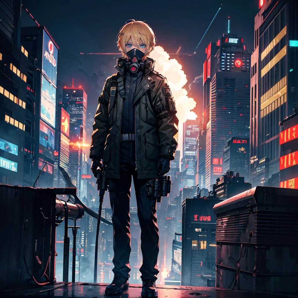 1 male,Adult,blue eyes,gas mask,Golden hair color,Medium Short Hair,Cyberpunk clothing,night,Neon City,Standing on a rooftop with a rocket launcher, admiring the view,Calm expression,Muscular,tattoo
