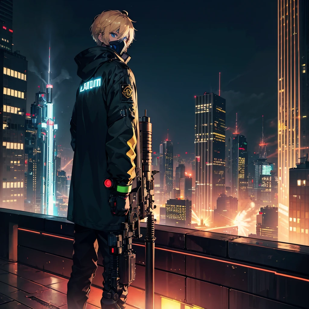 1 male,Adult,blue eyes,gas mask,Golden hair color,Medium Short Hair,Cyberpunk clothing,night,Neon City,Standing on a rooftop with a rocket launcher, admiring the view,Calm expression,Muscular,tattoo