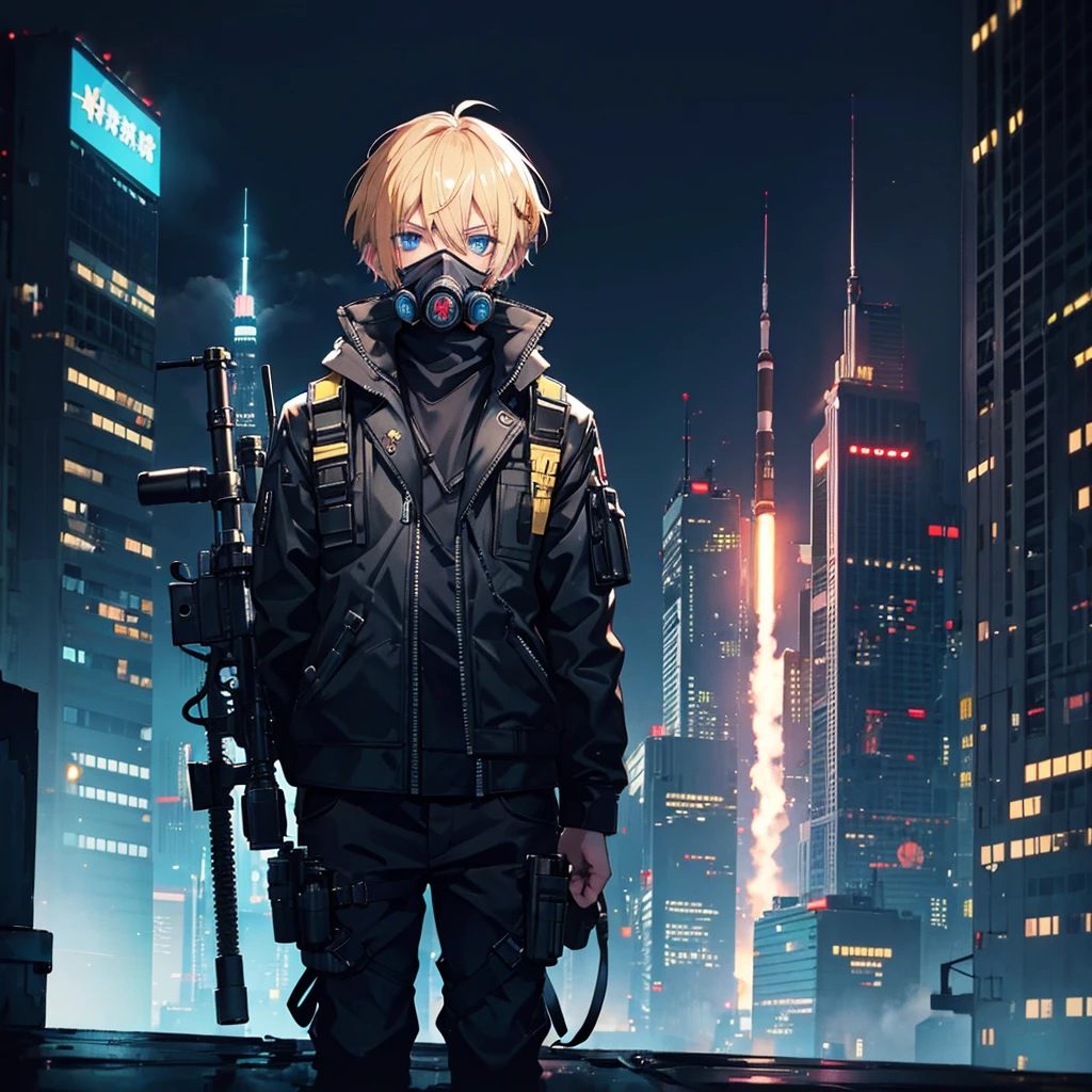 1 male,Adult,blue eyes,gas mask,Golden hair color,Medium Short Hair,Cyberpunk clothing,night,Neon City,Standing on a rooftop with a rocket launcher, admiring the view,Calm expression,Muscular,tattoo