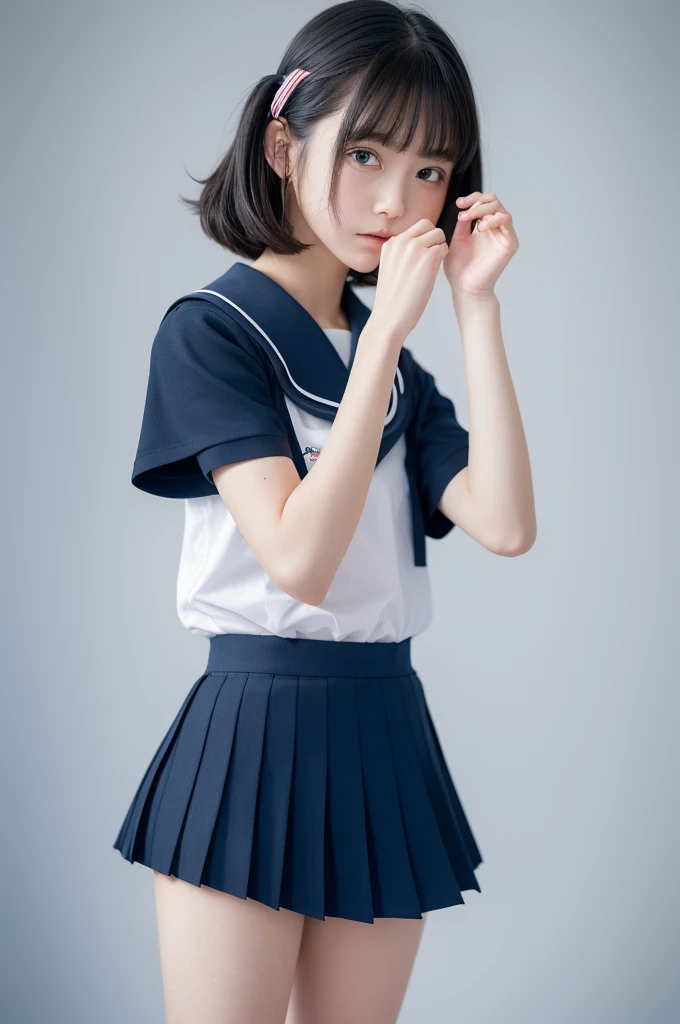 (photograph_\\(Moderate\\):1.2), One Girl, (photographrealsitic:1.2), Surreal, Photorealism, Close-up, barefoot, Black Hair,Sailor suit, school uniform , high school girl, cute, It gives me goosebumps, Ultra mini skirt, Dark blue pleated skirt,whole body, standing, skin with It gives me goosebumps, Super beautiful feet, Depth of written boundary, In 8K, Visual Effects,, Very slender, Short socks, Tri-fold socks, White socks, Very short sleeves, cute, Short sleeve, Beautiful girl, Idol, Strap shoes, Loafer shoes,Simple Background, High resolution, Anatomically correct, Highest quality, whole bodyショット,