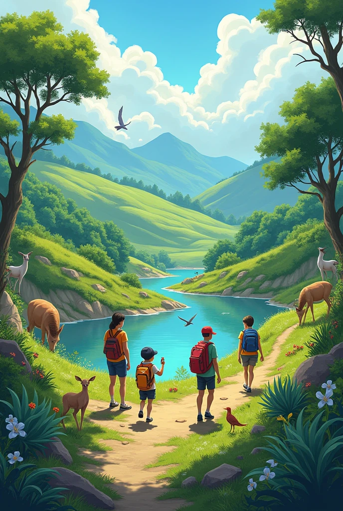 A tourist company with several people visiting a place with animals and lakes 