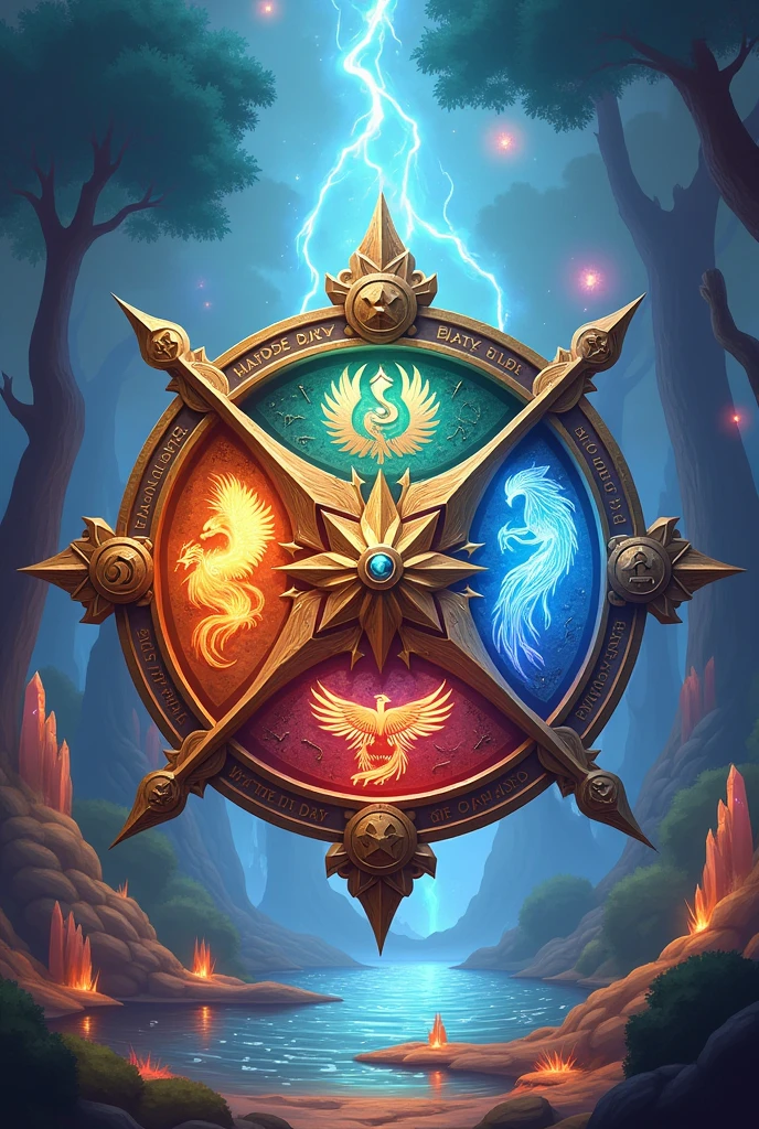 Four elements compass Generative AI Colorful magical fantasy compass four elements earth fire water air